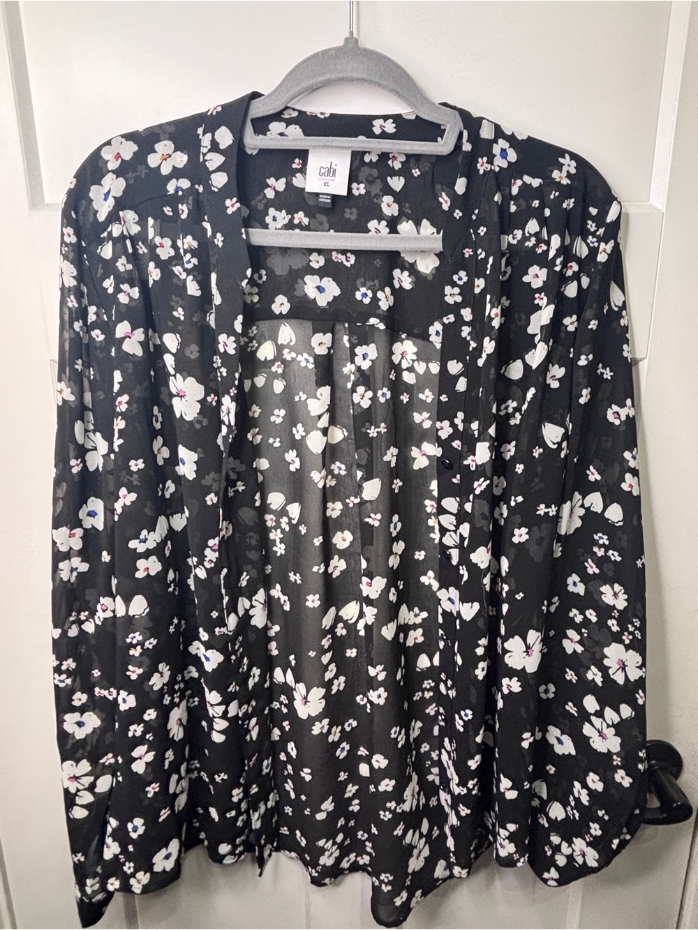 CAbi Black Sheer Floral Open Cardigan with White & Pink Blooms